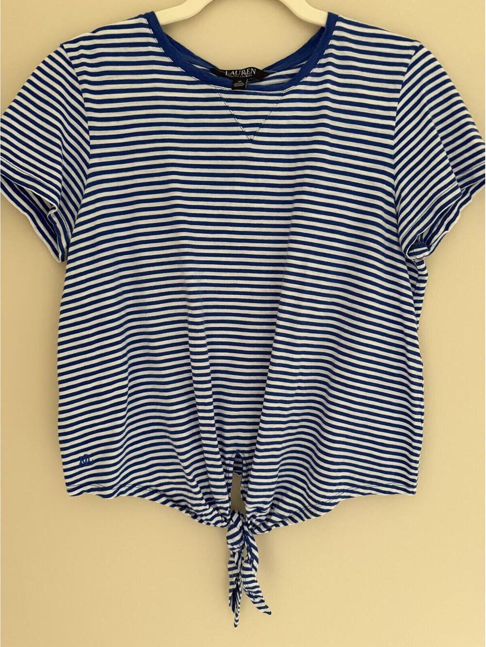 NWOT M Ralph Lauren tie front navy white striped tee